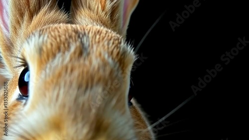 Close-up of a brown furry bunny's face against a black background, showing off its cute expression and fine fur details.