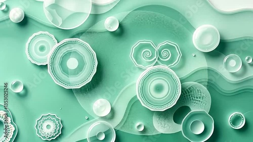 Mint green digital abstraction with bubbles and wavy layers, giving a modern, calm and aesthetic feel, perfect for design backgrounds or creative projects.