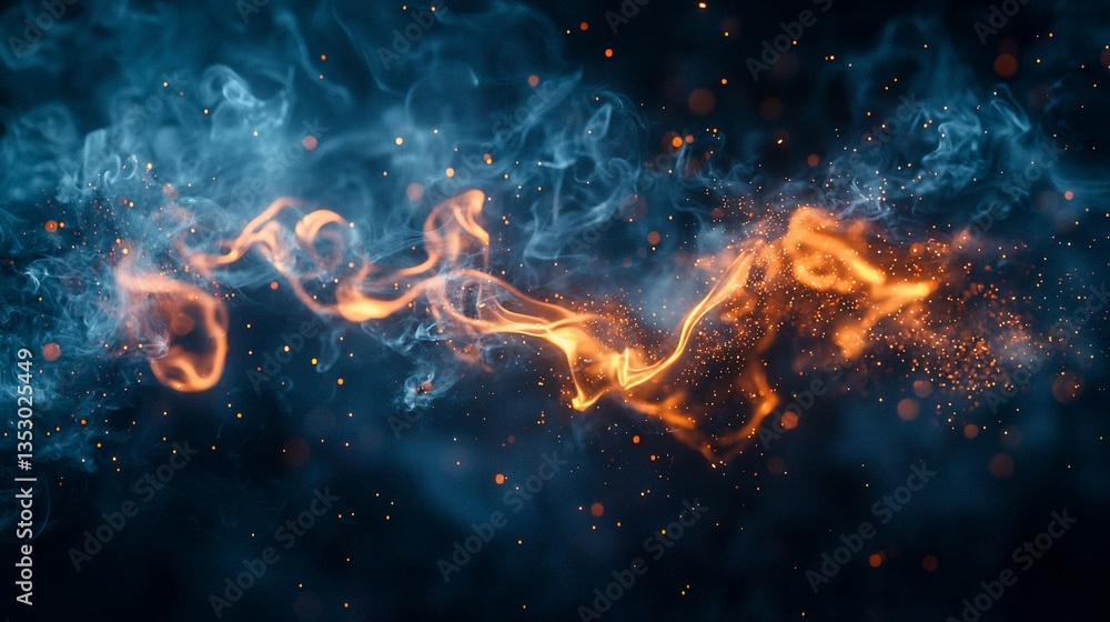 Abstract fiery and smoky swirls with blue and orange hues.
