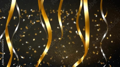 Festive backdrop with sparkling gold and silver ribbons falling on a dark background with falling confetti.