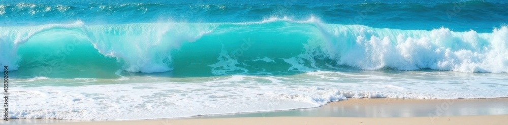 Fototapeta premium Ocean waves crashing on the shore with foam and blue turquoise water texture , blue, turbulence