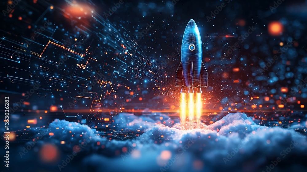 Rocket launching through digital data clouds.