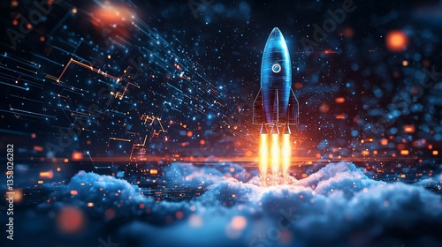 Obraz na płótnie Rocket launching through digital data clouds. w salonie