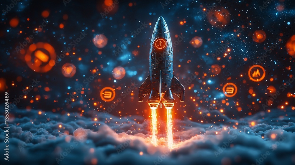 Rocket launching through vibrant nebula.