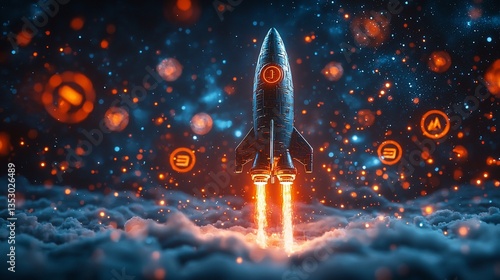 Obraz na płótnie Rocket launching through vibrant nebula. w salonie