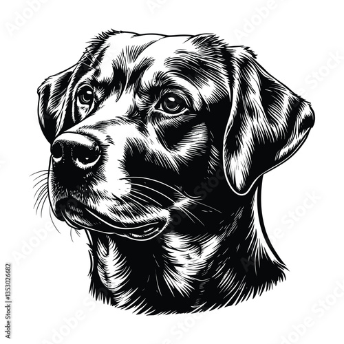 Realistic Labrador Dog Head Silhouette – Pet Art Design, Detailed Black and White Labrador Retriever Face Vector Illustration, Intricate Labrador Retriever Portrait – High-Contrast Vector Art, Dog