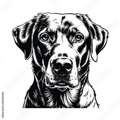 Realistic Labrador Dog Head Silhouette – Pet Art Design, Intricate Labrador Retriever Portrait – High-Contrast Vector Art, Detailed Black and White Labrador Retriever Face Vector Illustration