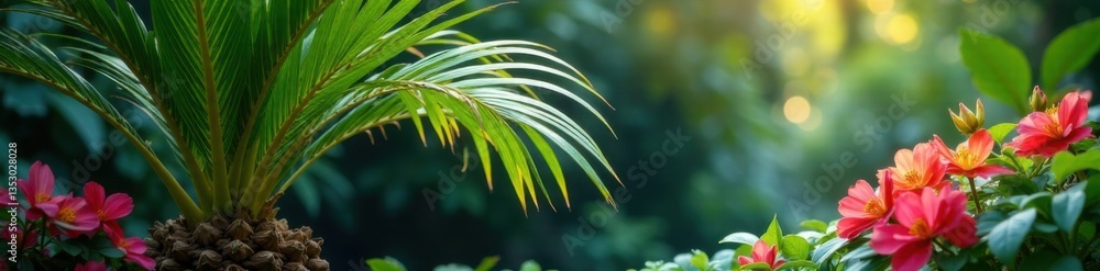Palm fronds cluster on a slender trunk surrounded by vibrant flowers and lush foliage , tropical, branches, jungle Palm fronds cluster on a slender trunk surrounded by vibrant flowers and lush foliage , tropical, branches, jungle