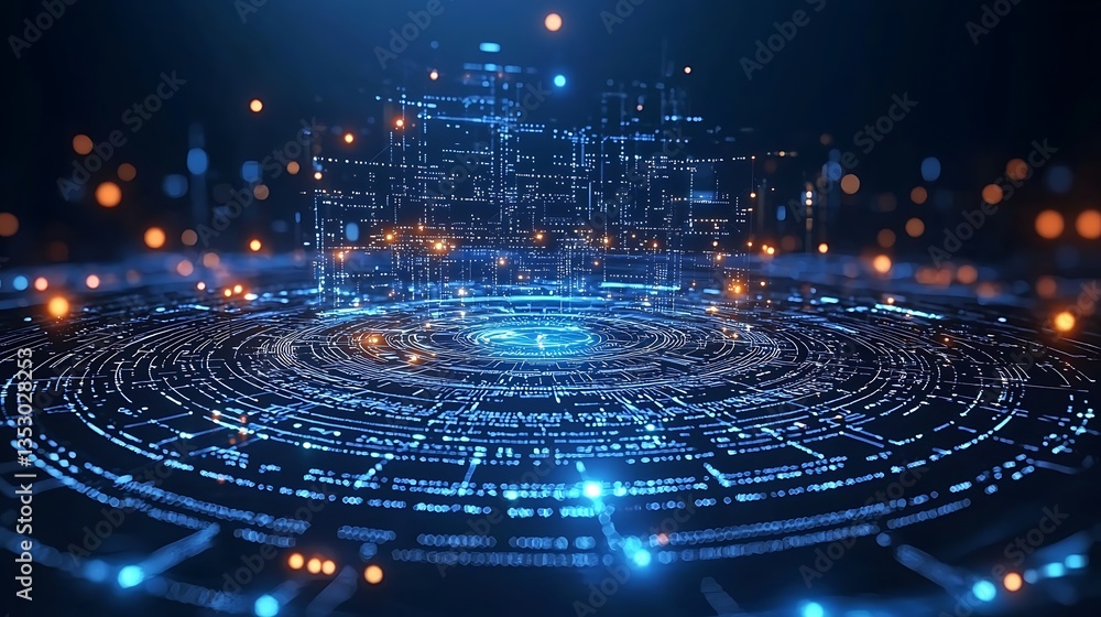 Abstract digital data network glowing in blue and orange.