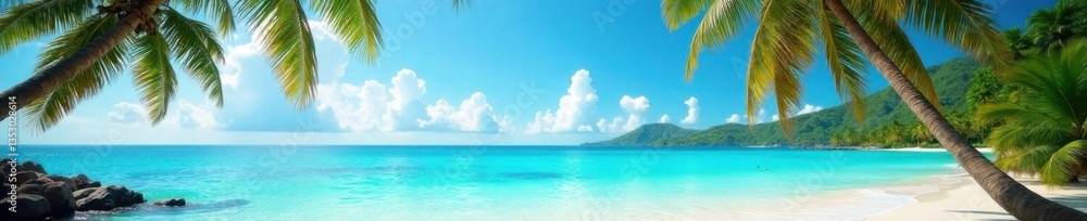 Palm trees sway in ocean breeze amidst crystal clear waters, island, nature Palm trees sway in ocean breeze amidst crystal clear waters, island, nature