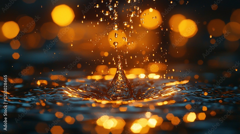 Water droplet splash with bokeh lights.
