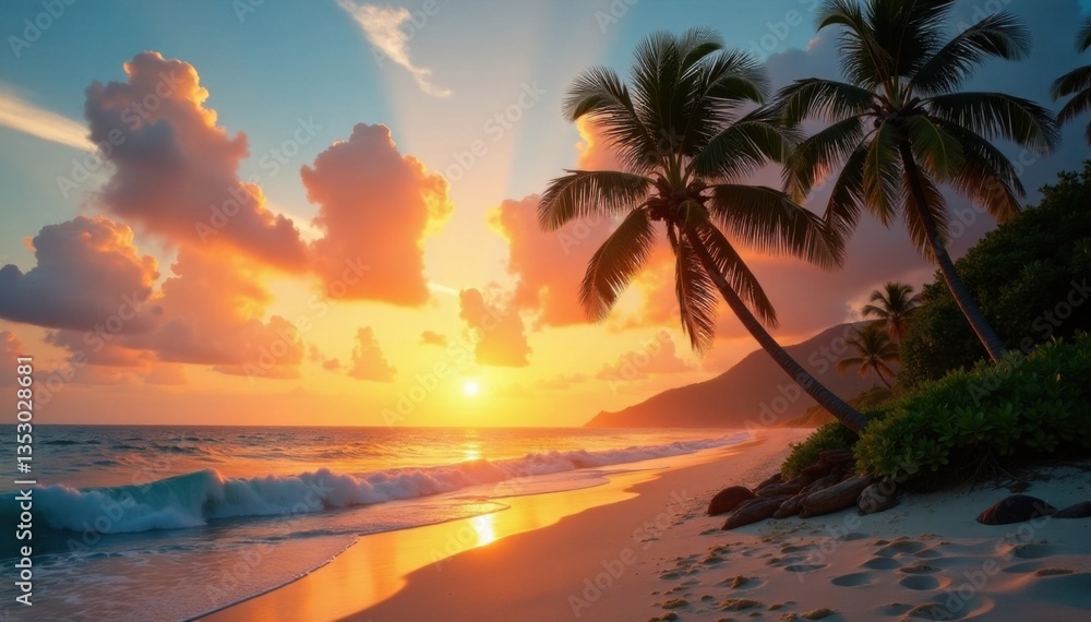 Fototapeta premium Palm trees sway in ocean breeze on sandy beach at sunset, sandy, palm trees