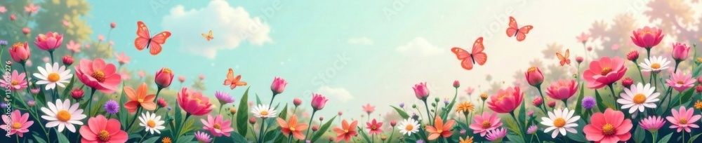 Fototapeta premium Pastel-colored garden with flowers and butterflies, greenery, whimsical