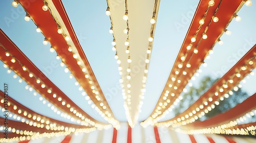 A festive circus tent with decorative string lights hanging from the ceiling