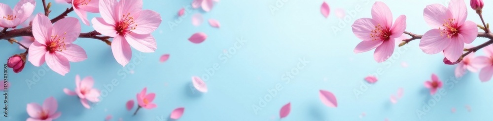 Obraz premium Pink sakura petals scattered on a pale blue background, springtime scenery, pastel pink