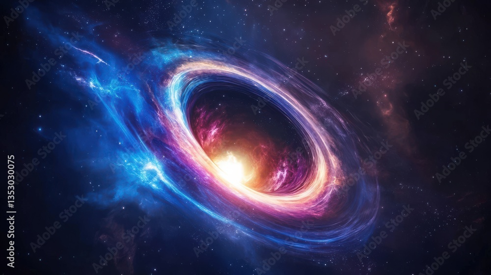 A colorful illustration of a powerful black hole in space A colorful illustration of a powerful black hole in space