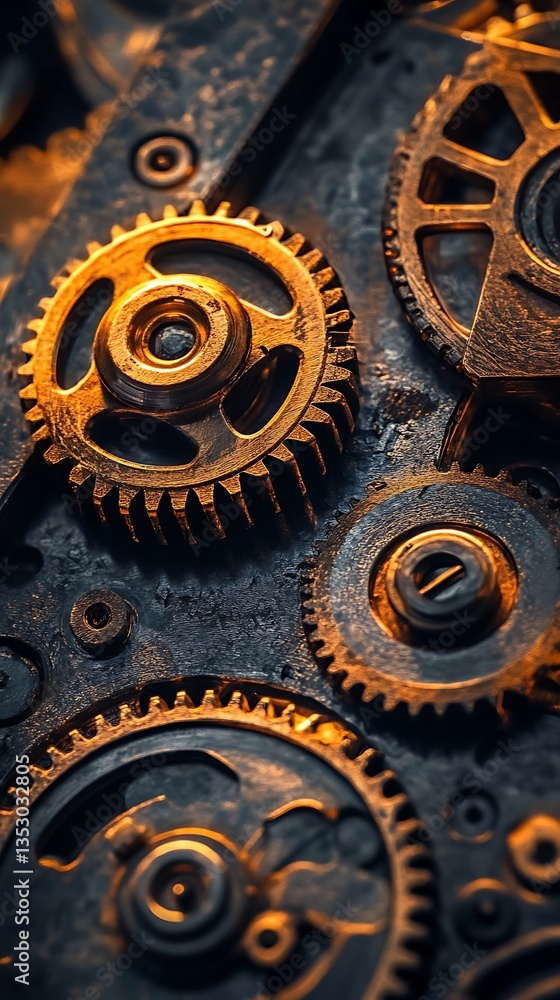 Closeup Detailed View of Intricate Gold and Dark Metal Gears in Complex Machinery Closeup Detailed View of Intricate Gold and Dark Metal Gears in Complex Machinery
