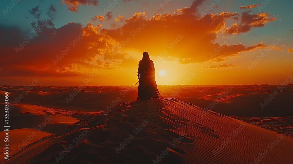 Silhouetted woman in robe watching desert sunset.