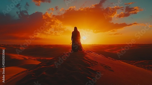 Obraz na płótnie Silhouetted woman in robe watching desert sunset. w salonie