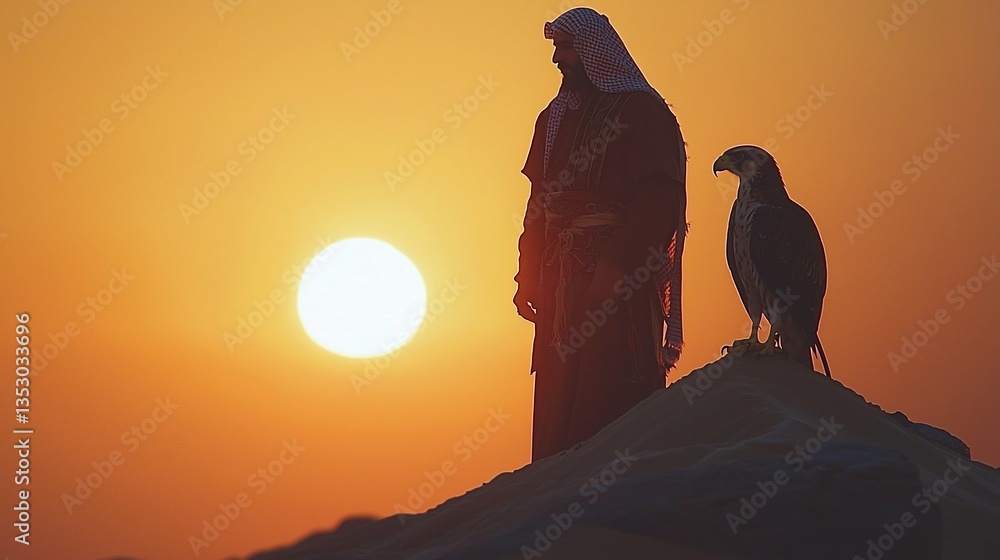Silhouette of a man with a falcon at sunset in the desert.