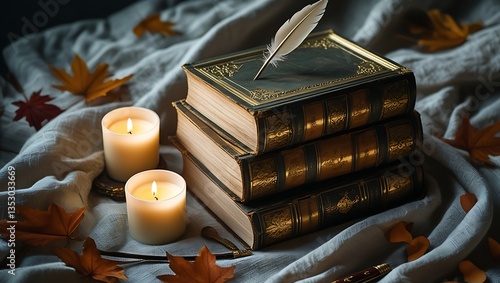 stack of vintage books with worn edges and gold-embossed covers. Surround them with softly flickering candles, a delicate quill pen, and dried autumn leaves scattered around. 