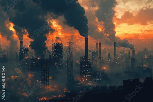 Industrial complex chimneys emitting pollution into a hazy orange sky