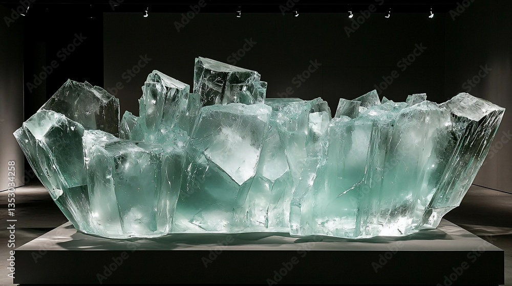 Large, translucent green glass sculpture on a white pedestal, illuminated from below in a dark gallery setting.
