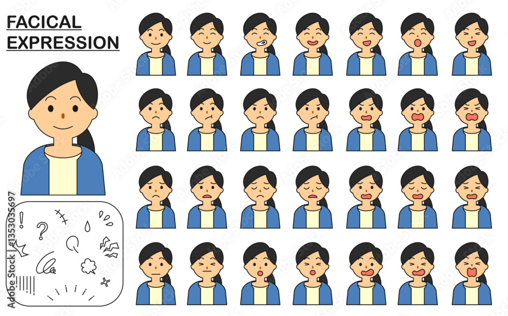喜ぶ、怒る、悲しむ、驚く、笑う、楽しい、困惑する、困る、落ち込む、焦る、慌てる、がっかりするビジネス、もしくは主婦の女性の顔、表情のセット