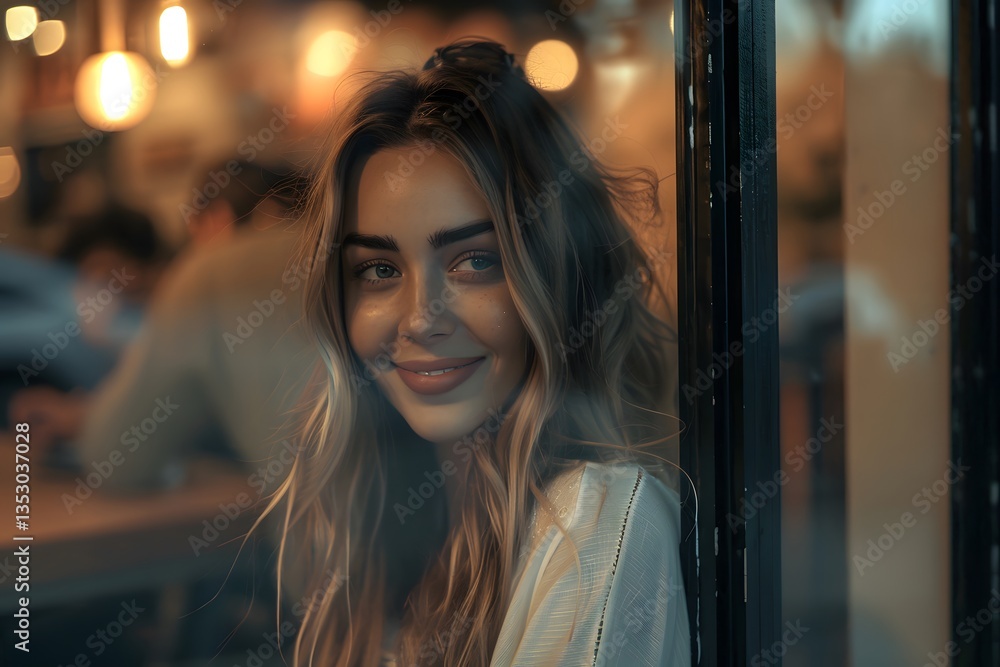 Smiling Woman Leaning on Window at Cafe with Bokeh Lights Smiling Woman Leaning on Window at Cafe with Bokeh Lights