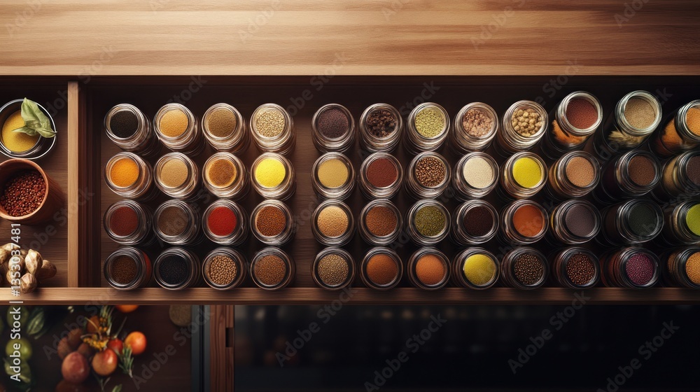 Organized Spice Drawer with Glass Jars Filled with Colorful Herbs and Seasonings for Culinary U Organized Spice Drawer with Glass Jars Filled with Colorful Herbs and Seasonings for Culinary U