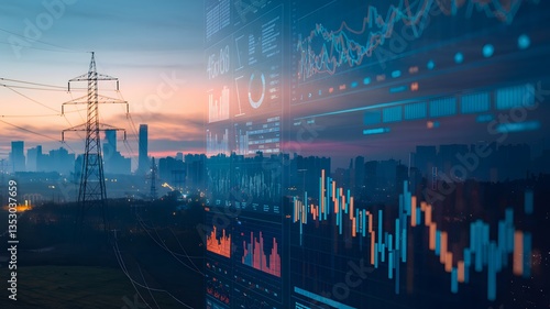 Powering Progress: An evocative fusion of urban infrastructure and financial data overlays, capturing the essence of technological and economic vitality. 