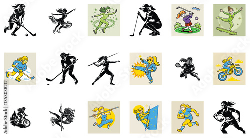 Diverse Female Athletes in Various Sports A Collection of Retro-Style Illustrations