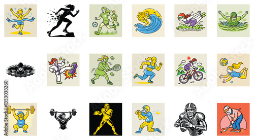 Diverse Collection of Retro-Style Sports and Fitness Illustrations