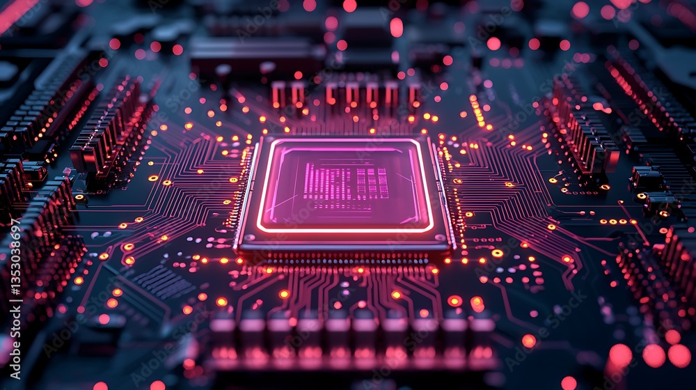 Close-up of a glowing CPU on a circuit board.