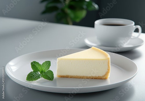 Wallpaper Mural Delicious slice of creamy cheesecake on a white plate with fresh mint leaf and coffee cup on a minimalistic table in a modern dining setting Torontodigital.ca
