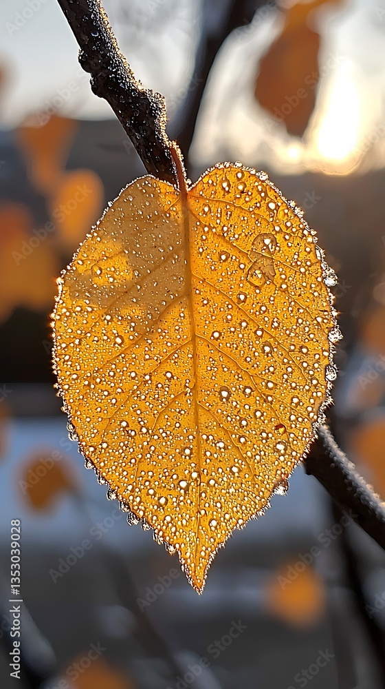 Dew-covered autumn leaf on a branch at sunrise.
