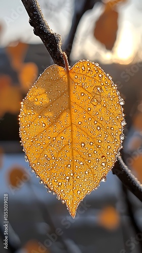 Obraz na płótnie Dew-covered autumn leaf on a branch at sunrise. w salonie