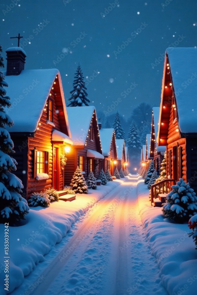 Fototapeta premium Snowy village street with decorated houses and Christmas lights, Christmas decorations, Village at night