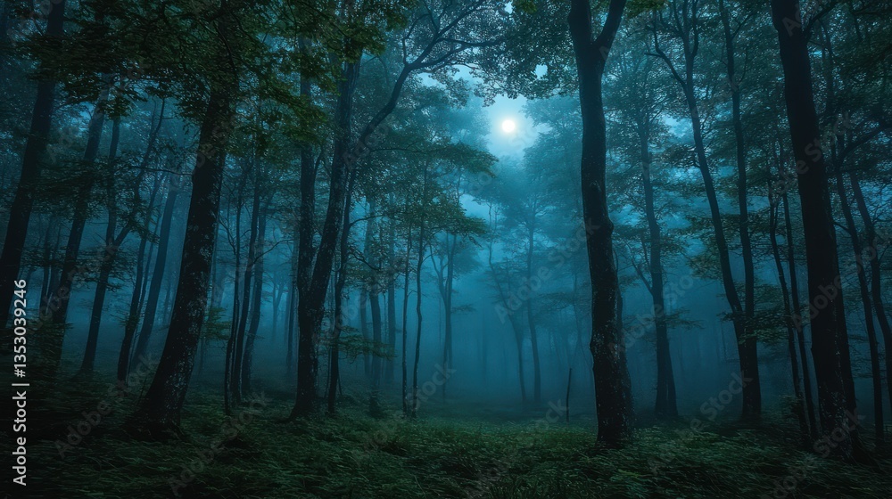 Moonlit foggy forest path, mystical night scene, background trees, nature wallpaper Moonlit foggy forest path, mystical night scene, background trees, nature wallpaper