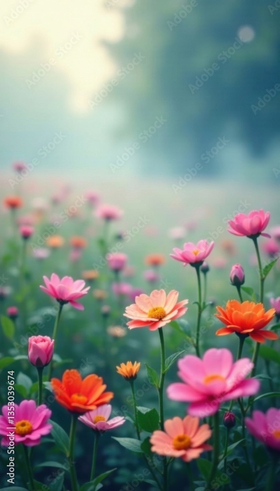 Soft blue mist surrounds a blooming floral field, nature, flowers Soft blue mist surrounds a blooming floral field, nature, flowers