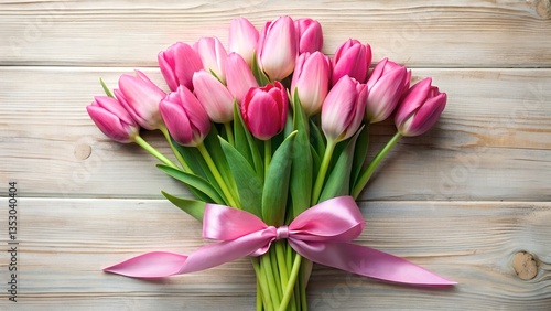 pink tulips on wooden background