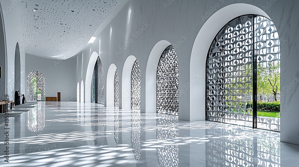 Modern minimalist hall with arched windows and glass block walls.