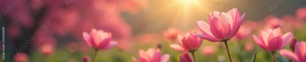 Soft petal blooms sway gently in the morning dew, garden, flowers Soft petal blooms sway gently in the morning dew, garden, flowers