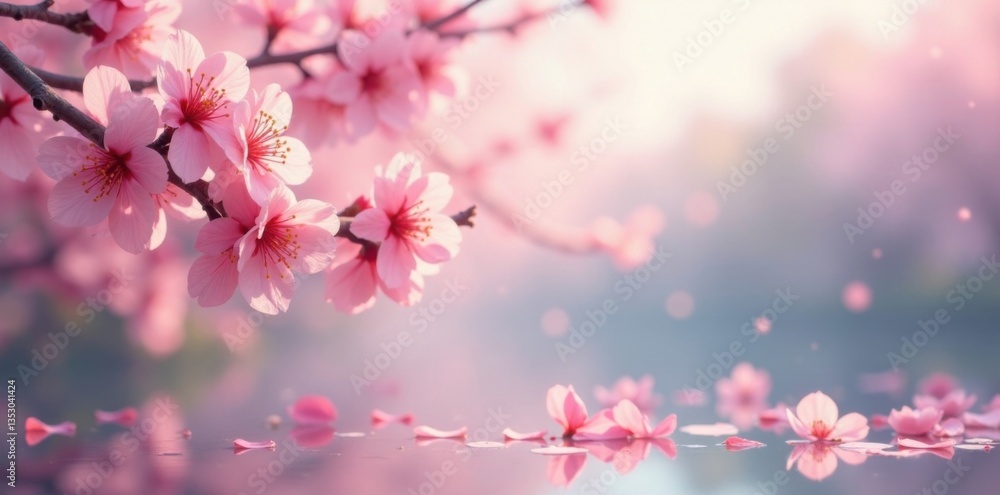 Soft pink sakura petals gently floating in a serene spring landscape, gentle, soft focus, bloom Soft pink sakura petals gently floating in a serene spring landscape, gentle, soft focus, bloom