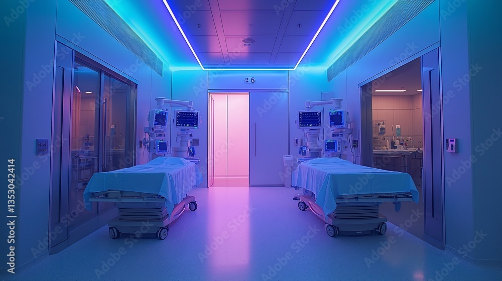 Modern hospital recovery room with two beds, medical equipment, and colorful LED lighting.