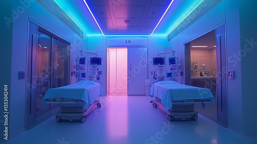 Obraz na płótnie Modern hospital recovery room with two beds, medical equipment, and colorful LED lighting. w salonie