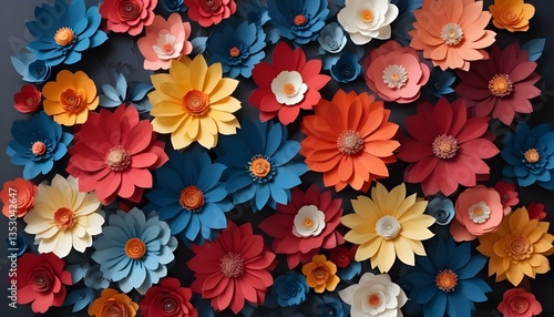 Wallpaper Mural A vibrant and colorful arrangement of paper flowers, each meticulously crafted with distinct textures and hues, set against a dark background Torontodigital.ca