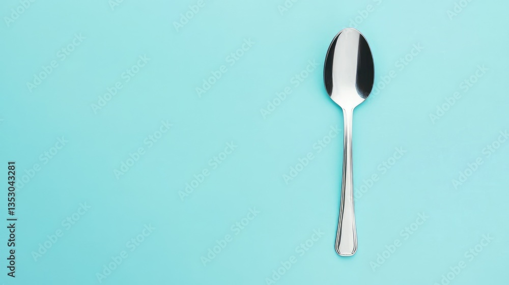 A classic silver dinner spoon neatly aligned on a soft pastel blue background A classic silver dinner spoon neatly aligned on a soft pastel blue background