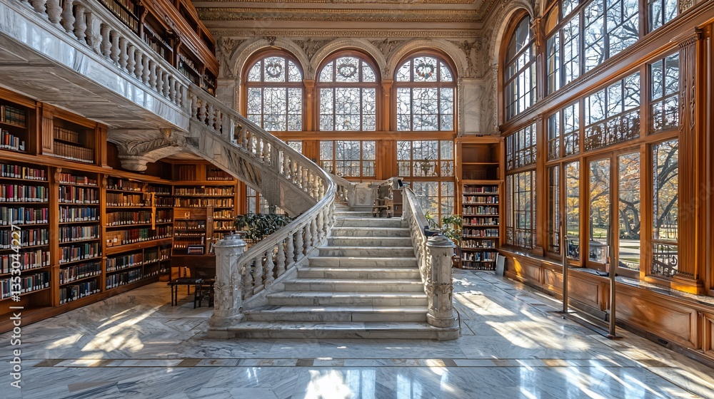 Grand marble staircase in a sunlit library with tall windows and bookshelves.