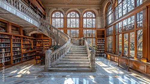 Grand marble staircase in a sunlit library with tall windows and bookshelves.